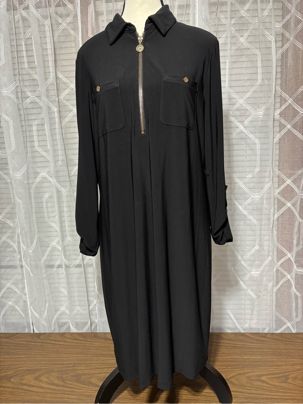 Anne Klein Size 6 Black Long Sleeve Zip-Front Shirt Dress w/belt loops 38L
